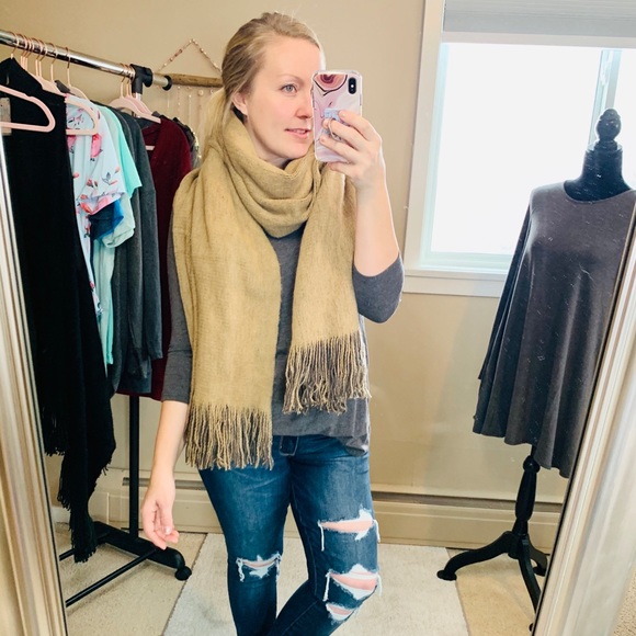 Wrap Scarf With Armholes Gray Mustard Shawl OS - Picture 5 of 8